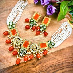 eeooaa Gold-Plated Stones Studded & Beaded Jewellery Set-5