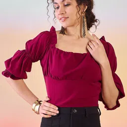 Sangria Square Neck Puff Sleeves Crop Top-image-8