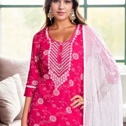Anouk Women Floral Embroidered Regular Thread Work Kurta with Palazzos & With Dupatta-6
