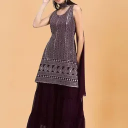 PARROT CREATION Women Embroidered Regular Sequinned Kurti with Sharara & With Dupatta image 3