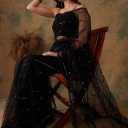 Sangria Striped Embellished Sequinned Net Saree-27