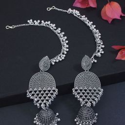 I Jewels Silver-Plated Dome Shaped OxidisedJhumkas With Earchains-33