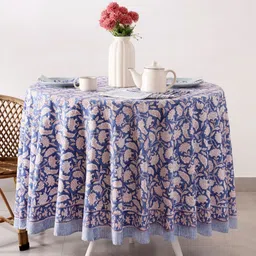 HANDICRAFT PALACE Blue Floral Cotton Round 4-Seater Table Cover-16