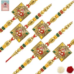 MEIRA JEWELLERY Set Of 5 Designer Rakhis With Assorted Greeting Card & Roli Chawal-24