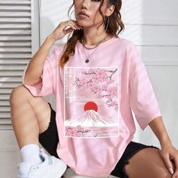 Women Printed Round Neck Pure Cotton Pink T-Shirt-image-4