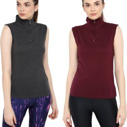 Pack of 2 Women Solid High Neck Pure Cotton Maroon, Grey T-Shirt-image-61