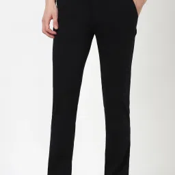 Men Slim Fit Dark Blue Polyester Trousers-image-91