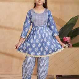 Muhuratam Girls Blue Pure Cotton Kurta Sets-image-13