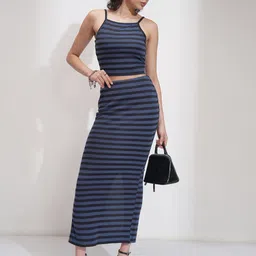 Tokyo Talkies Striped Shoulder Sleeveless Strap Top With Skirt-1