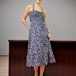 OOMPH! FACTOR Women Shoulder Straps Floral Print A-Line Midi Dress-image-93