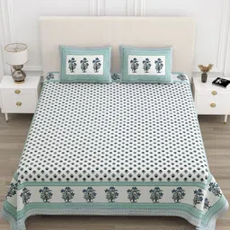 TrueYarns White & Green Ethnic Motifs 210 TC King Bedsheet with 2 Pillow Covers-15