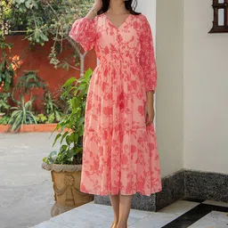 Janasya Women Coral Pink Floral Printed Georgette Smocked Detail Fit & Flare Midi Dress-image-19