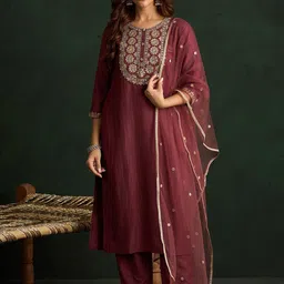Indo Era Women Floral Embroidered Regular Kurta with Trousers & With Dupatta-picture-7