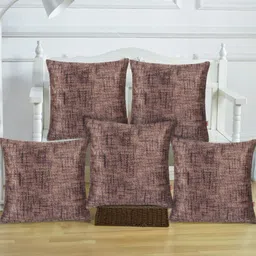 Tesmare Brown Set of 5 Checked Velvet Square Cushion Covers-78