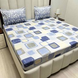 Pure Decor Passion Blue Geometric Printed Cotton 300 TC Queen Bedsheet Set 2.28M x 2.54M-picture-3