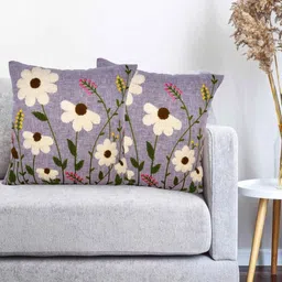 MONKDECOR Grey & White 2 Pieces Floral Embroidered Linen Square Cushion Covers-image-40