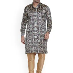 VEERA PARIDHAAN Floral Printed Mandarin Collar Jacquard Dupion Silk Straight Kurta-image-8