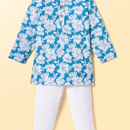 CrayonFlakes Boys Floral Printed Mandarin Collar Pure Cotton Kurta With Pyjamas-25