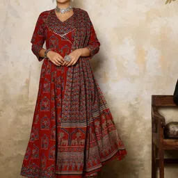 Sangria Printed Pure Cotton Flared V-Neck Anarkali Kurta & Palazzo With Dupatta-44
