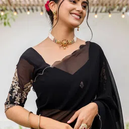 all about you Solid Saree with Scallop Border & Blouse Piece-picture-39