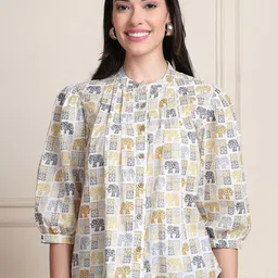 Moda Rapido Women Graphic Printed Mandarin Collar Puff Sleeves Cotton Top-picture-48