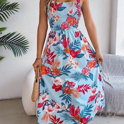 all about you Women Floral Printed Smocked Shoulder Straps Fit & Flare Midi Dress-image-69