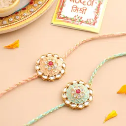 NVR Set Of 2 Kundan Studded Round Shaped Rakhi with Roli Chawal Chandan & Mishri-7