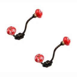 IndianShelf Red & White 2 Pieces Leaf Printed Ceramic Wall Hooks-17