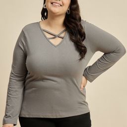 CURVY STREET Women Solid V-Neck Cotton Plus Size T-shirt-image-92