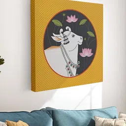 Myntra Elegant Homes Mustard & White Pichwai Cow Canvas Birds and Animals Wall Art-image-1