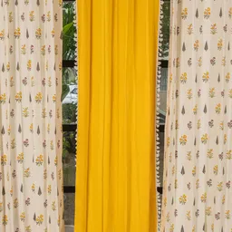 URBAN SPACE Yellow & Cream-Coloured 3 Pieces Cotton Floral Long Door Curtains-39
