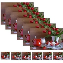 REVEXO 12Pc Brown & Red Printed Non Slip Table Placemats With Coasters image 2