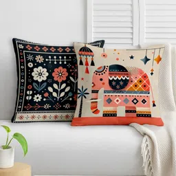 STITCHNEST Black & Off White 2 Pieces Ethnic Motifs Satin Square Cushion Covers-image-59