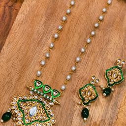 eeooaa Women Green & White Artificial Stones and Beads Gold-Plated Meenakari Jewellery Set-image-82