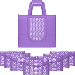 Pack of 8 Smile Print Foldable Grocery/Shopping Bags For Women | Purple Pack of 8 Grocery Bags-image-28