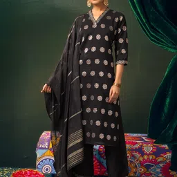 KALINI Ethnic Motifs Embroidered Straight Kurta With Palazzo & Dupatta-picture-33