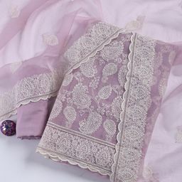 Meena Bazaar Floral Embroidered Thread Work Organza Unstitched Dress Material-image-99
