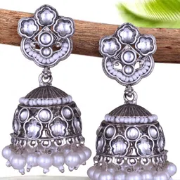 DIVASTRI Silver Plated Kundan Studded Dome Shaped Jhumkas-57