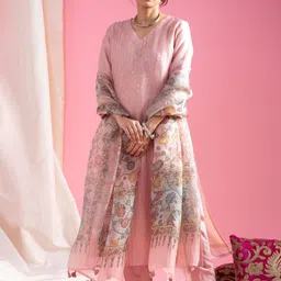 DIVASTRI Floral Embroidered Sequnnied Roman Silk Straight Kurta With Trousers & Dupatta-image-5