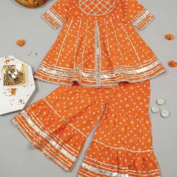 LITTLE GINNIE Girls Bandhani Printed Gotta Patti Pure Cotton Kurti with Sharara-picture-54