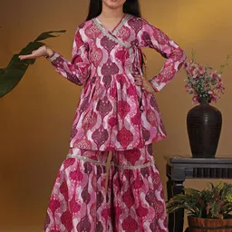 BAESD Girls Ethnic Motifs Printed Angrakha Sequinned Anarkali Kurta with Sharara-picture-6