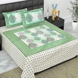 UNIBLISS Green & White Printed Cotton 144 TC Queen Bedsheet Set 2.15 m x 2.35 m-image-1