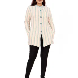 WOOL 4U Women Striped Woollen Longline Cardigan-9