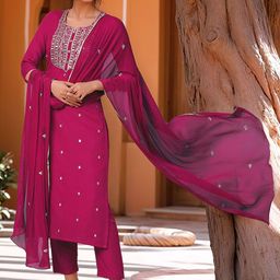 Anni Designer Floral Embroidered Notch Neck Straight Kurta With Trousers & Dupatta-13