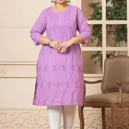 Yufta Plus Size Floral Embroidered Notch Neck Pure Cotton Straight Kurta-19
