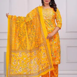 Aktasa Floral Printed Thread Work Straight Pure Cotton Kurta with Trousers And Dupatta-picture-9