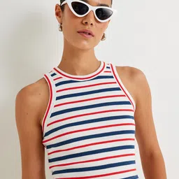 Koton Women Horizontal Striped Round Neck Cotton Top-picture-4