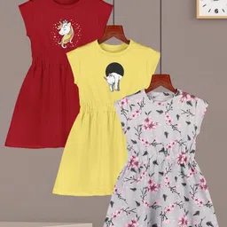 HELLCAT Girl Pack Of 3 Print Round Neck Cap Sleeves A-Line Dress-image-86