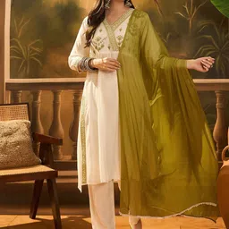 Sangria Floral Mirror Embroidered V-Neck Pure Cotton Straight Kurta With Trouser & Dupatta-37