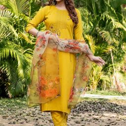 HERE&NOW Women Floral Embroidered Regular Thread Work Pure Silk Kurta with Trousers & With Dupatta-image-12